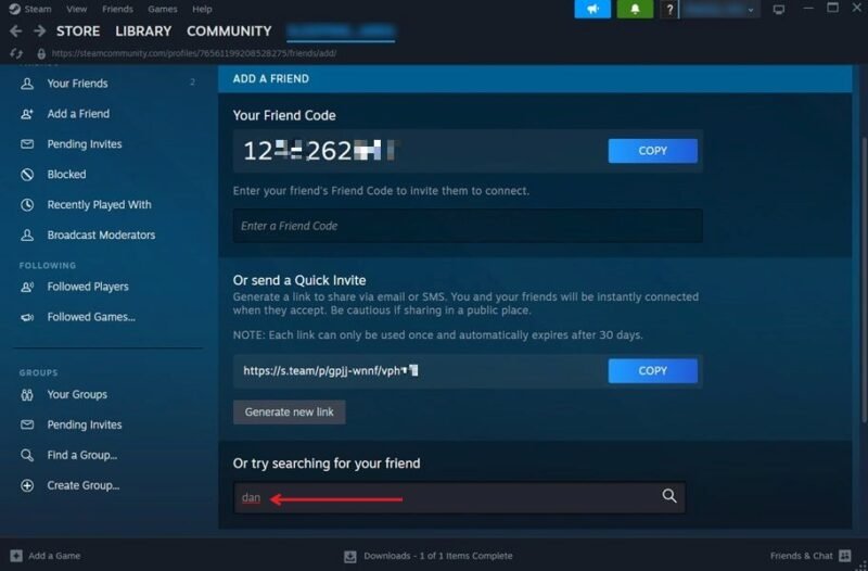 Поиск друзей Steam в настольном клиентском приложении.