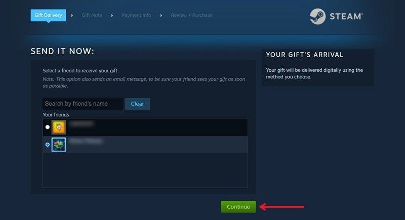 Выбор получателя подарочной карты Steam.