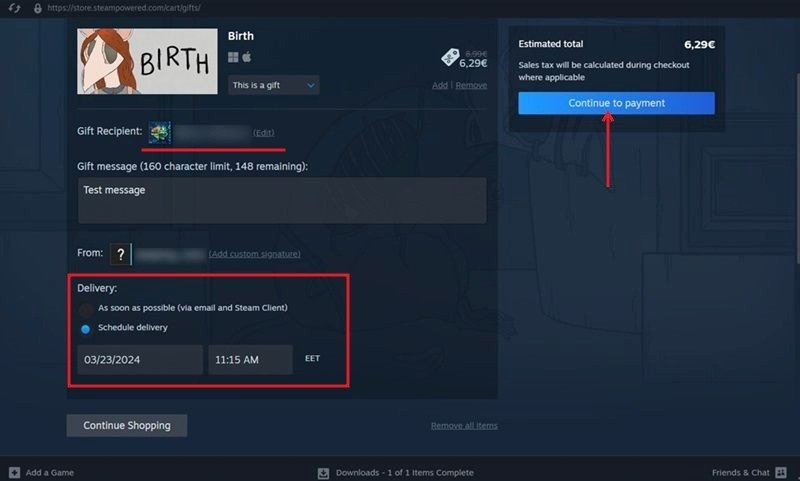 Выбор получателя игры в клиенте Steam для ПК.