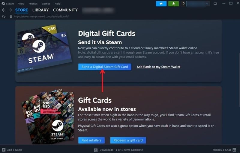 Нажатие кнопки «Отправить цифровую подарочную карту Steam» в клиенте Steam для ПК.