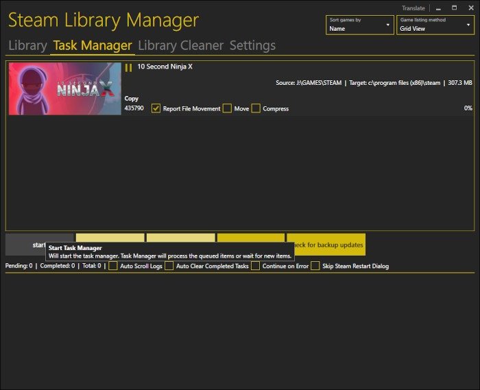 Пример диспетчера задач Steamlibmanager