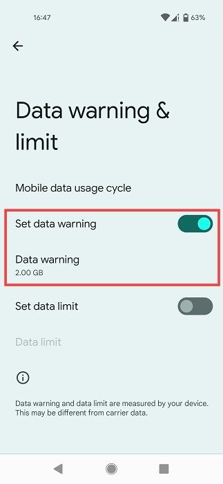 Включение переключателя «Установить предупреждение о данных» на Android.