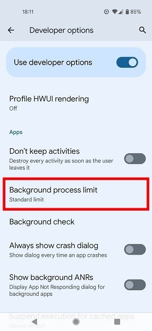 Остановить запуск приложений в фоновом режиме Параметры разработки Android Ограничение фонового процесса