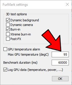 Стресс-тест графического процессора, сигнализация температуры Furmark