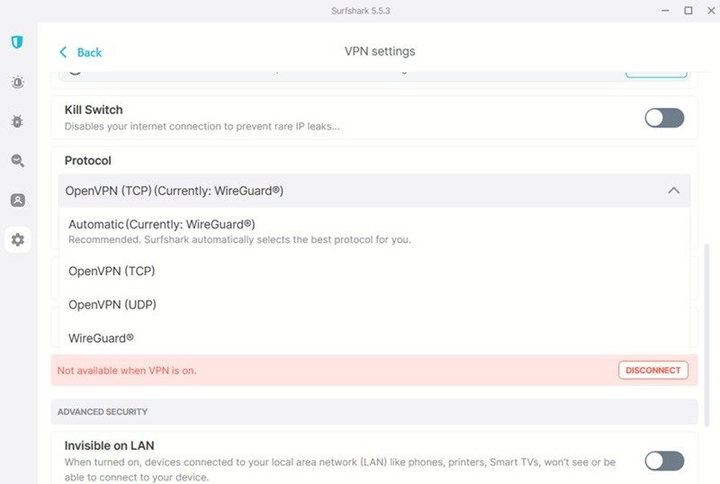 Переключение типа протокола в приложении Surfshark для Windows.