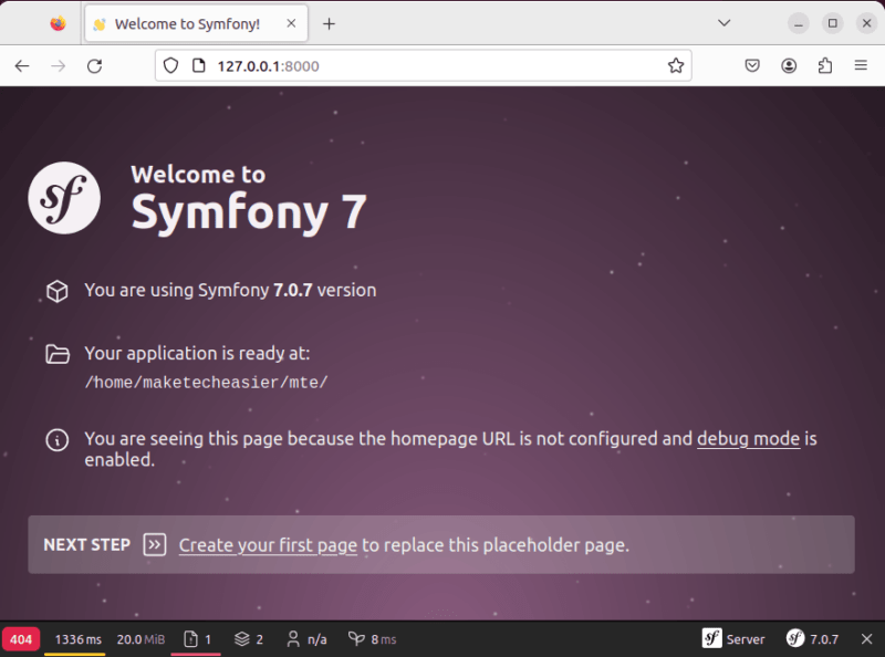 Приветственная страница веб-приложения Symfony