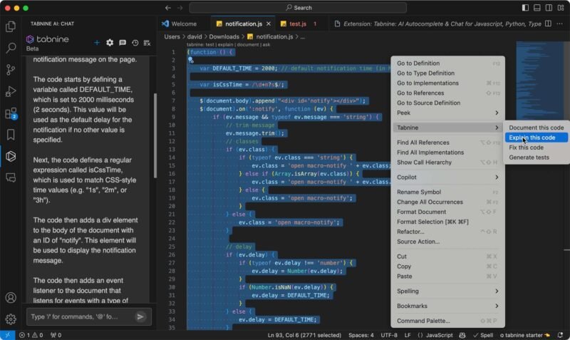 Tabnine, объясняющий код Javascript