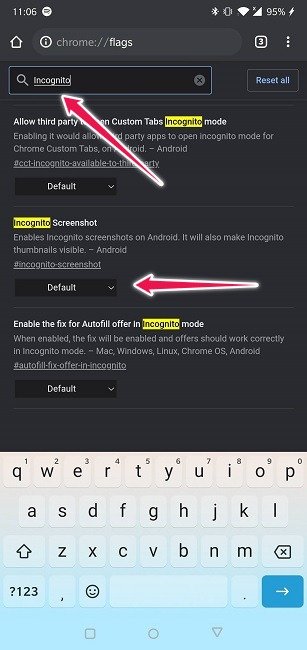 Делать снимки экрана Режим инкогнито Флаг включения Android Chrome