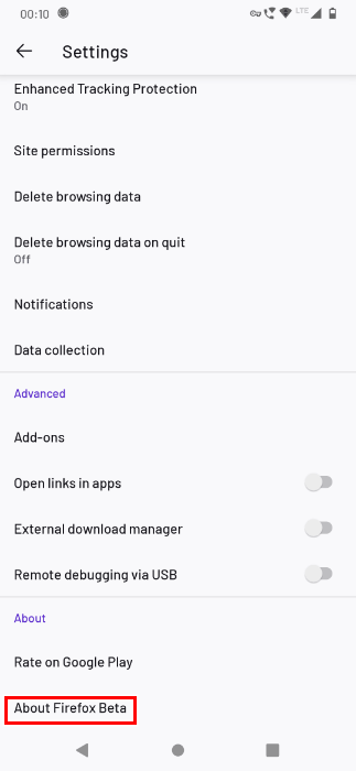 Нажмите «О бета-версии Firefox».