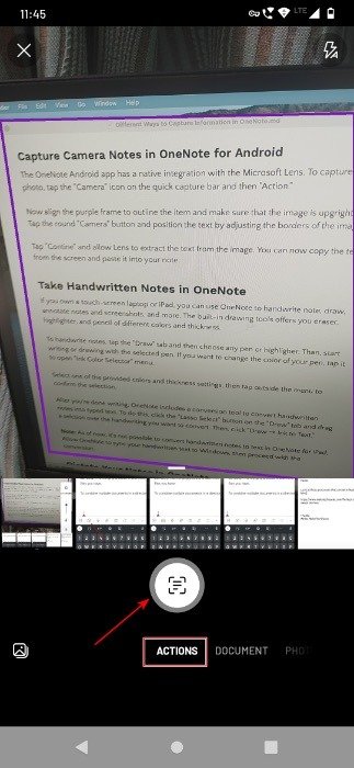 Нажмите кнопку камеры, чтобы извлечь текст в Onenote