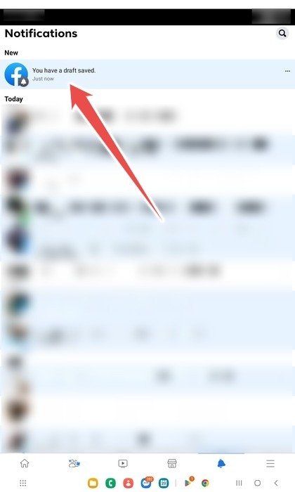 Нажатие на черновик сохраненного уведомления в приложении Facebook для Android