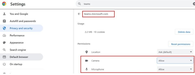 Найдите «teams.microsoft.com» и нажмите «Разрешить» под камерой.