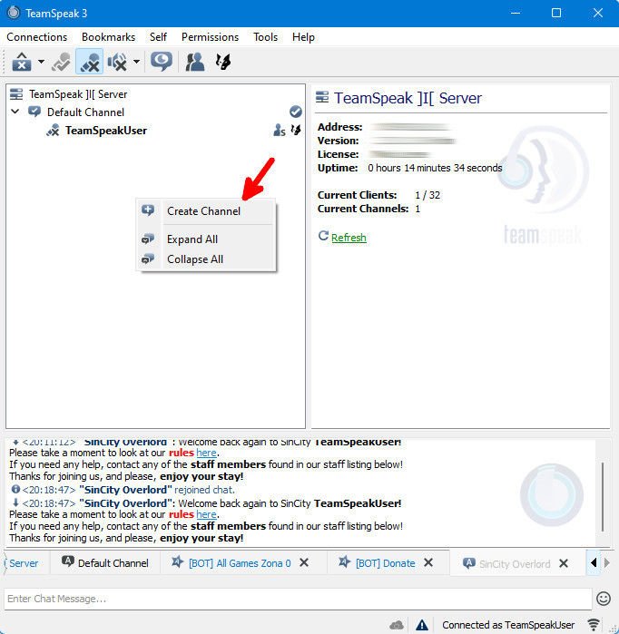 Teamspeak Создать канал