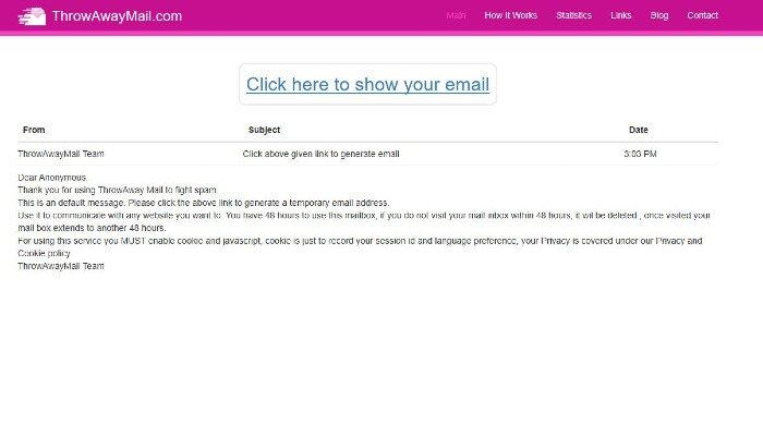 Домашняя страница Throwawaymail, популярной среди провайдеров одноразовой электронной почты.