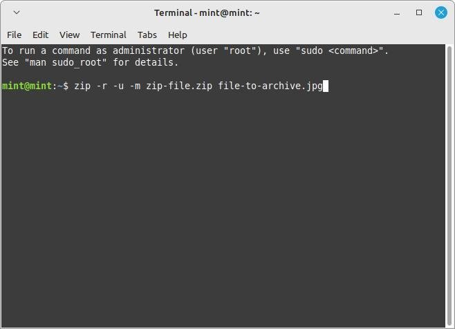 Пример команды Zip для терминала Linux