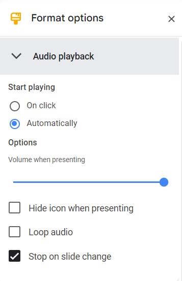 Раздел «Воспроизведение аудио» в параметрах формата в Google Slides