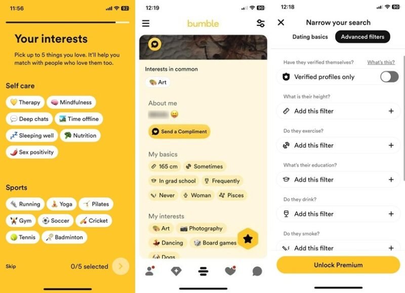 Обзор интерфейса приложения Bumble на iOS.