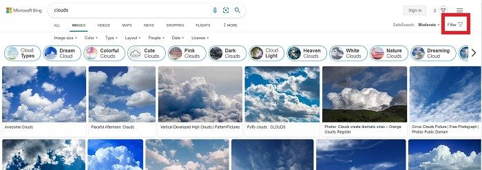 Использование изображений Bing для поиска облаков.