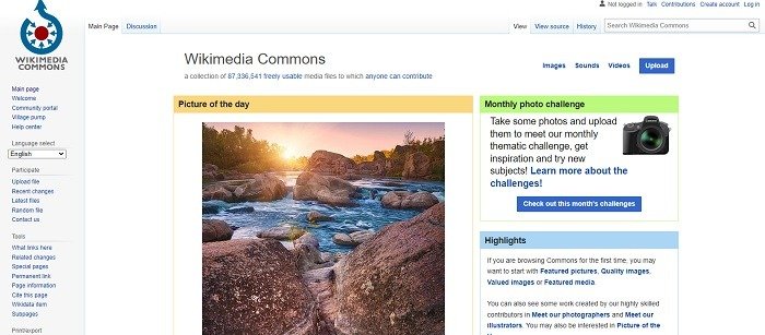 Главная страница Wikimedia Commons с изображением дня и фотоконкурсом.
