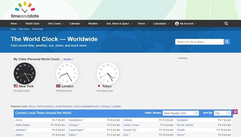 Пример списка мировых часов TimeandDate, а также персонализированных часов.