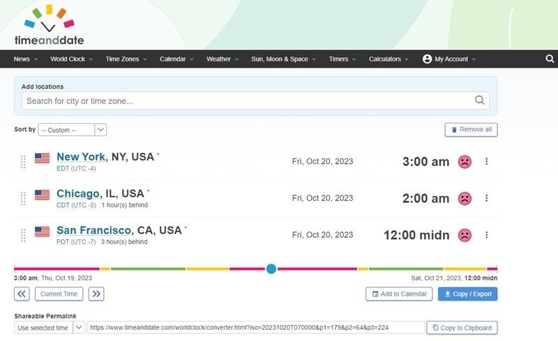 Три примера городов, демонстрирующие, как работает TimeandDate.