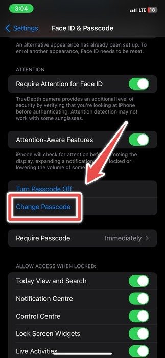 Параметр «Изменить пароль» в настройках Face Id на Iphone