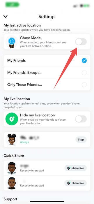 Переключение режима призрака в Snapchat