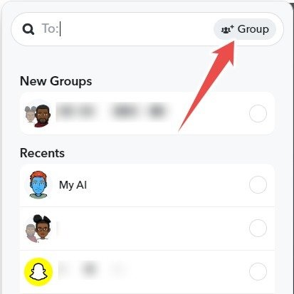 Нажатие «Группа» во всплывающем окне Snapchat в Интернете.