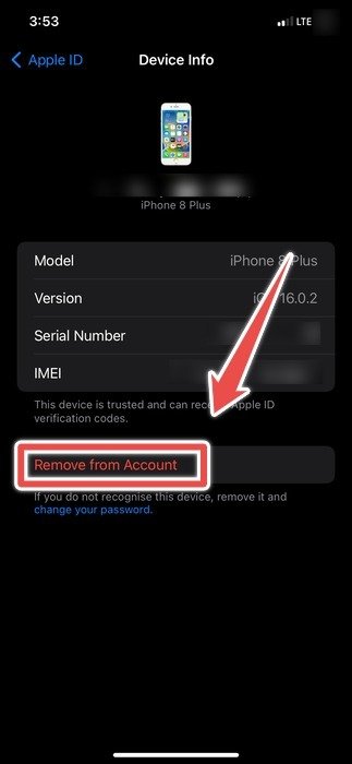 Опция «Удалить из учетной записи» на странице информации об устройстве Iphone