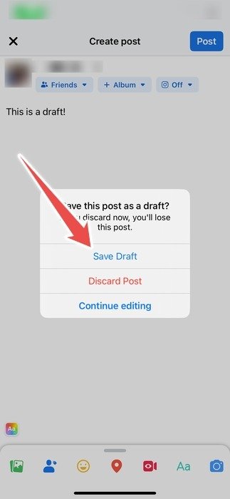 Опция «Сохранить черновик» в приложении Facebook на iPhone