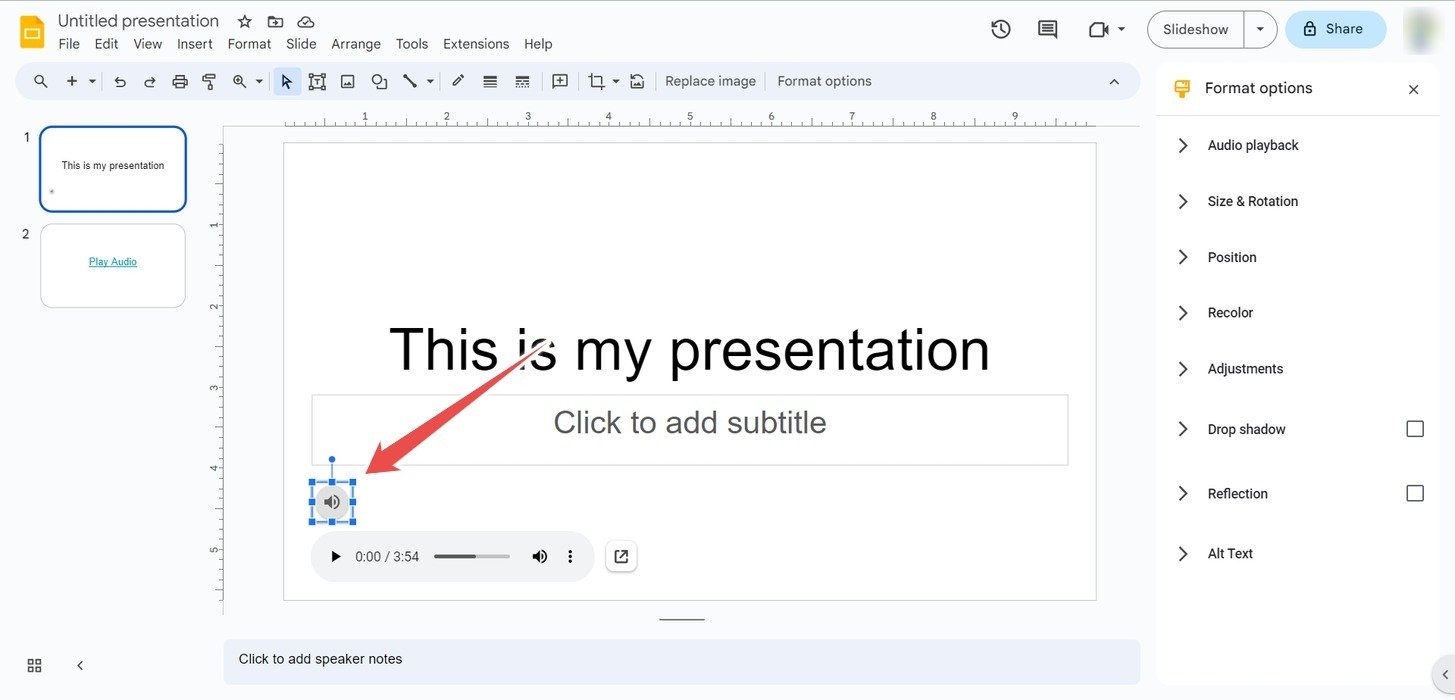 Значок динамика после вставки аудио в Google Slides