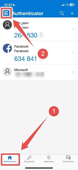 Нажатие на меню-гамбургер в приложении Microsoft Authenticator на iOS.