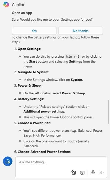 Изменение настроек батареи с помощью Copilot в Windows.