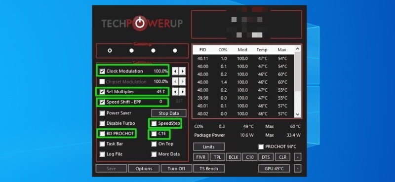 Настройки производительности ThrottleStop