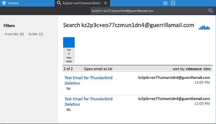 Результаты поиска в корзине Thunderbird