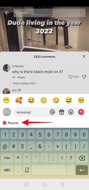 Опция репоста активирована в комментариях к видео TikTok.
