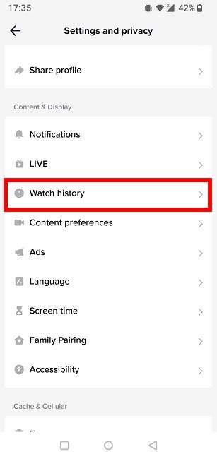 Опция «История просмотра» в настройках TikTok.