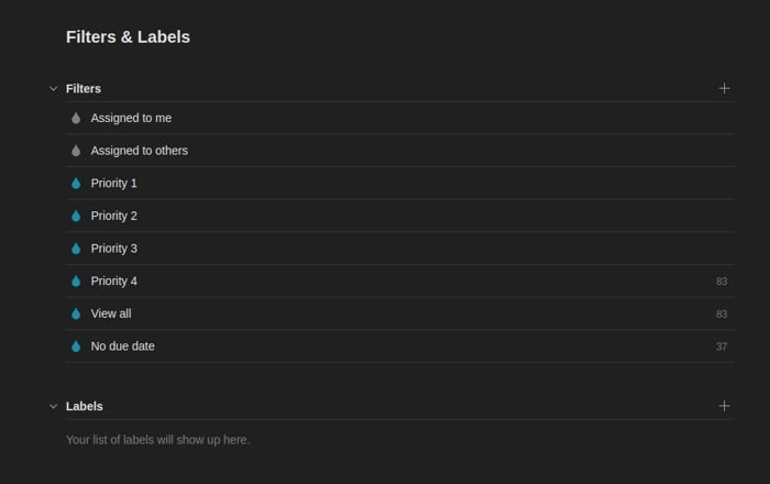 Вкладка «Фильтры и ярлыки» Todoist