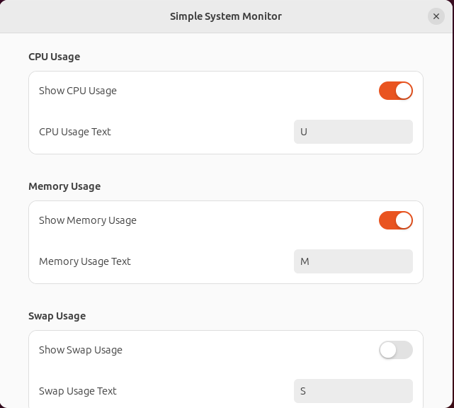 Скриншот окна настроек Simple System Monitor.