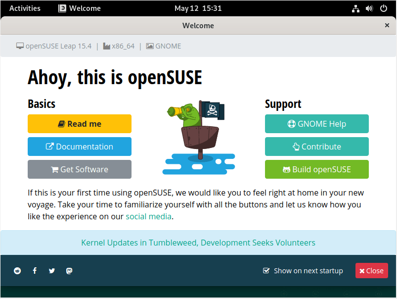 Скриншот экрана приветствия OpenSUSE Leap.