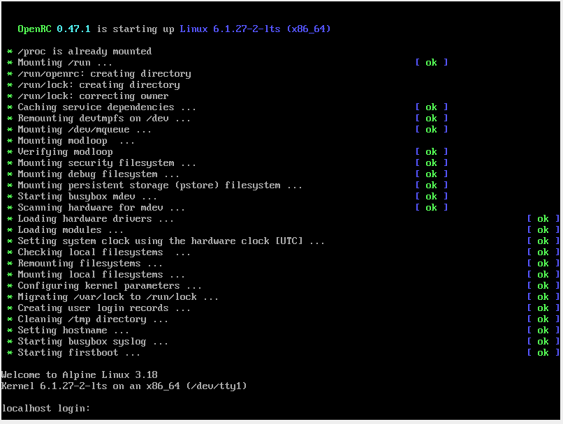 Скриншот консоли Alpine Linux.