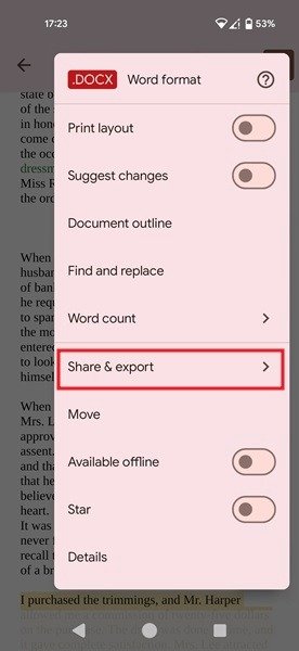 Нажатие на опцию «Поделиться и экспортировать» в приложении Google Docs для Android.