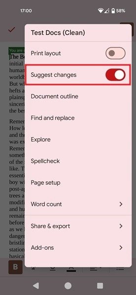 Включение переключателя «Предложить изменения» в Документах Google для Android.