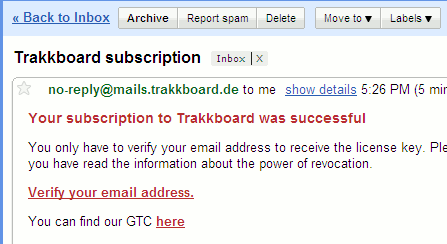 подтвердить электронную почту с помощью Trakkboard