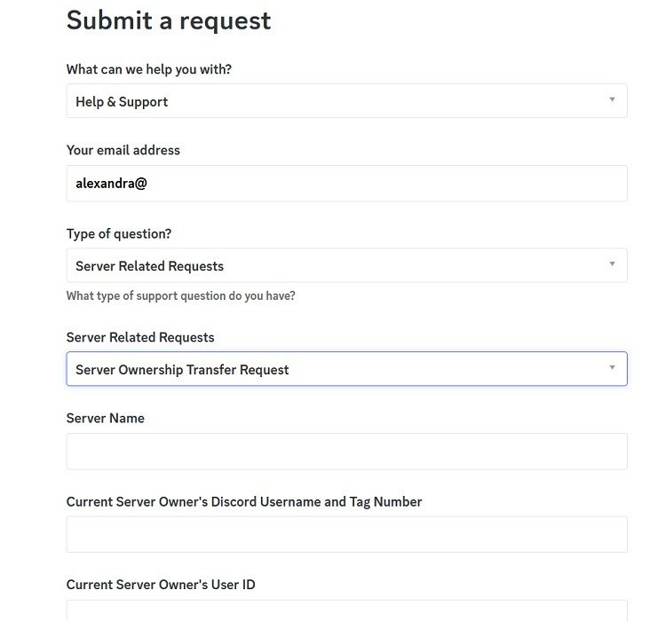 Настройка «Запроса на передачу владения сервером» на сайте Discord.