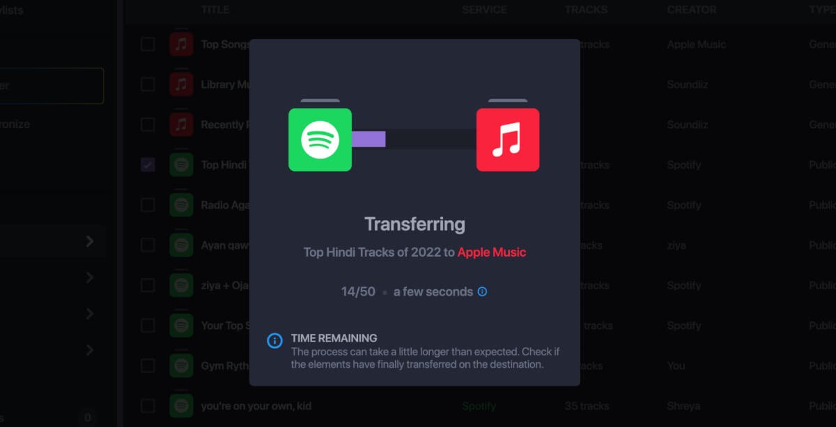 Выполняется перенос Перенос плейлиста Spotify в Apple Music