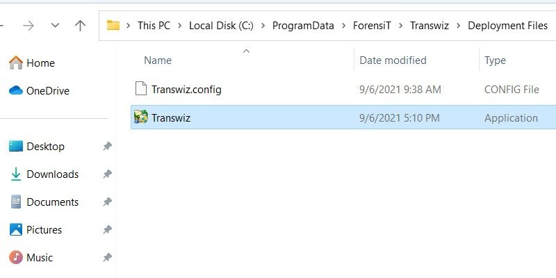 Папка Transwiz в Windows с выделенным EXE-файлом.