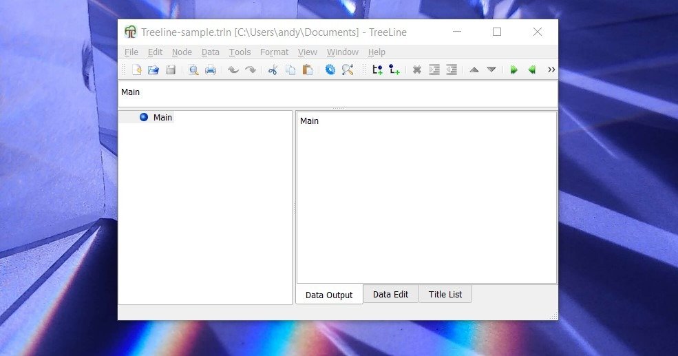 Снимок экрана, показывающий основной интерфейс TreeLine.