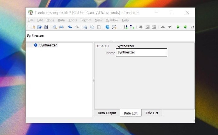Снимок экрана Windows, показывающий окно редактирования данных TreeLine.