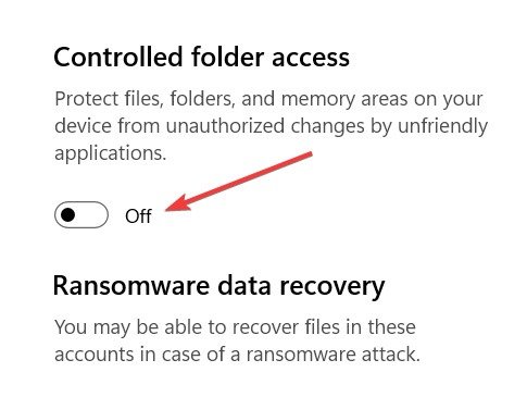 Отключите параметр «Контролируемый доступ к папкам» в «Безопасности Windows»,